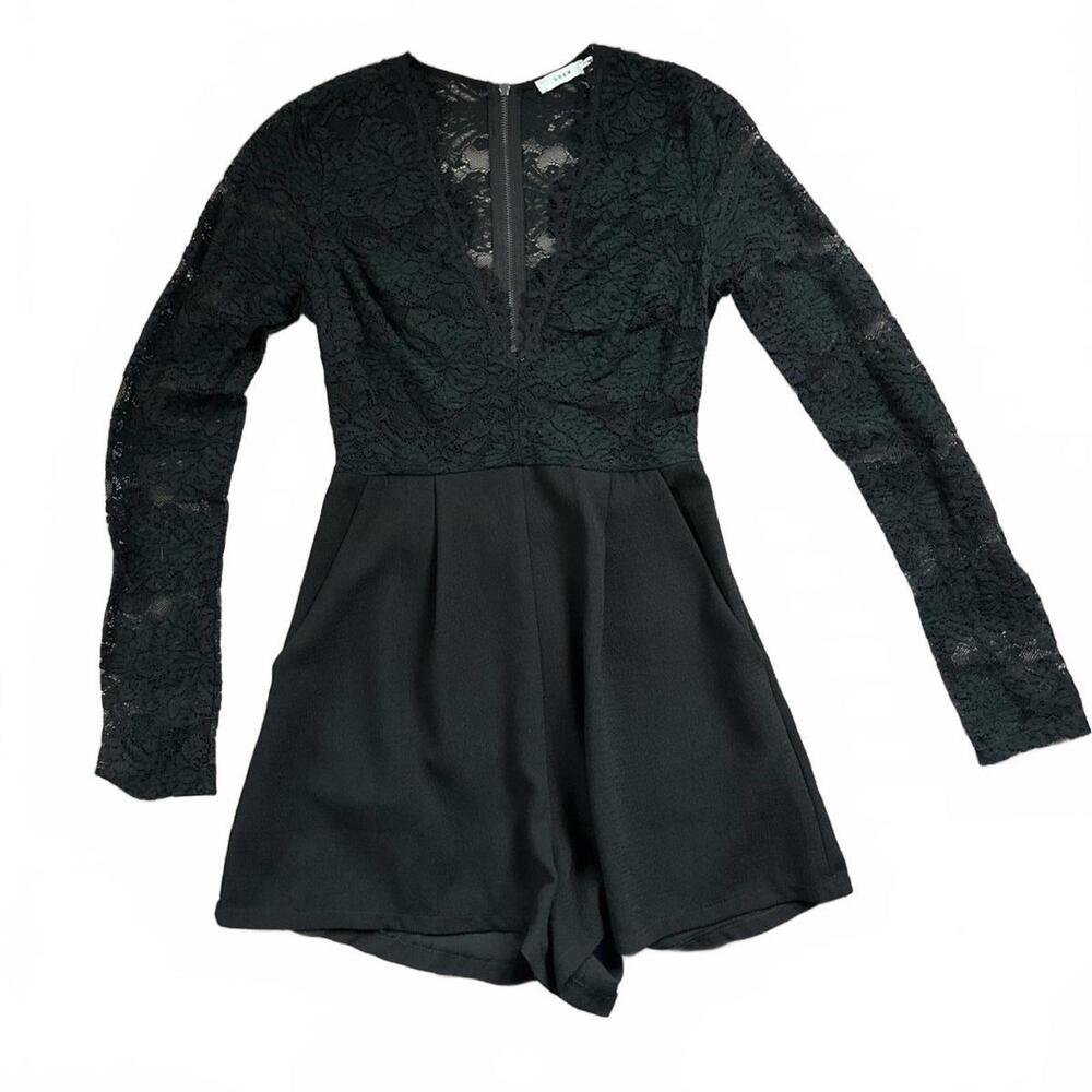 Vintage Lush Black Lace and Fabric Long Sleeve Romper